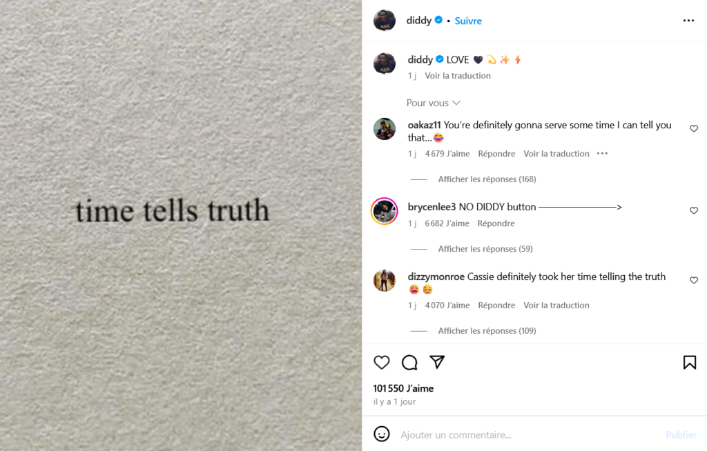 Post instagram de Diddy avec écrit "time tells truth"